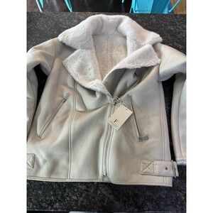 Frisson faux shearling jacket in a light gray Motorcycle Coat Sz Med NWT